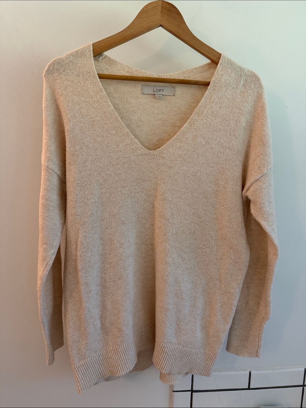 LOFT Light Cream Oversized V-Neck Pullover Sweater